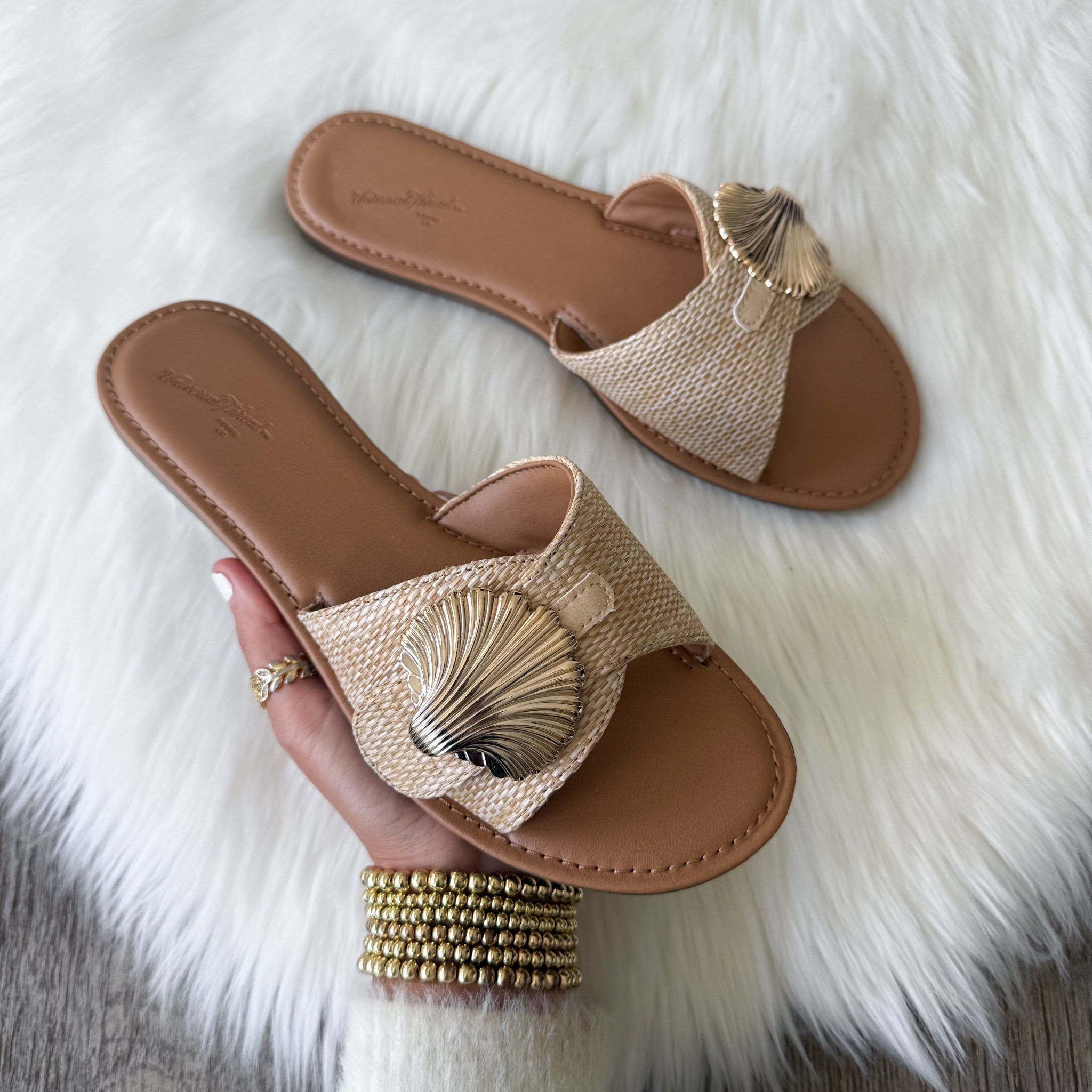 Women's Nesryn Raffia Shell Ornament Slide Sandals - Universal Thread™ Tan
