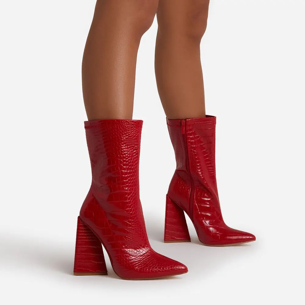 Global Pointed Toe Sculptured Block Heel Ankle Boot In Red Croc Print Faux Leather | EGO Shoes (US & Canada)