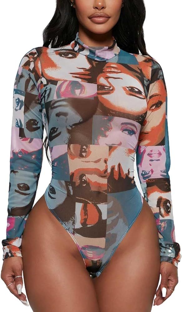 Women's Printed Mesh Long Sleeve Bodysuit, Sexy One Piece with Mock Neck Snap Crotch Leotard Top | Amazon (US)