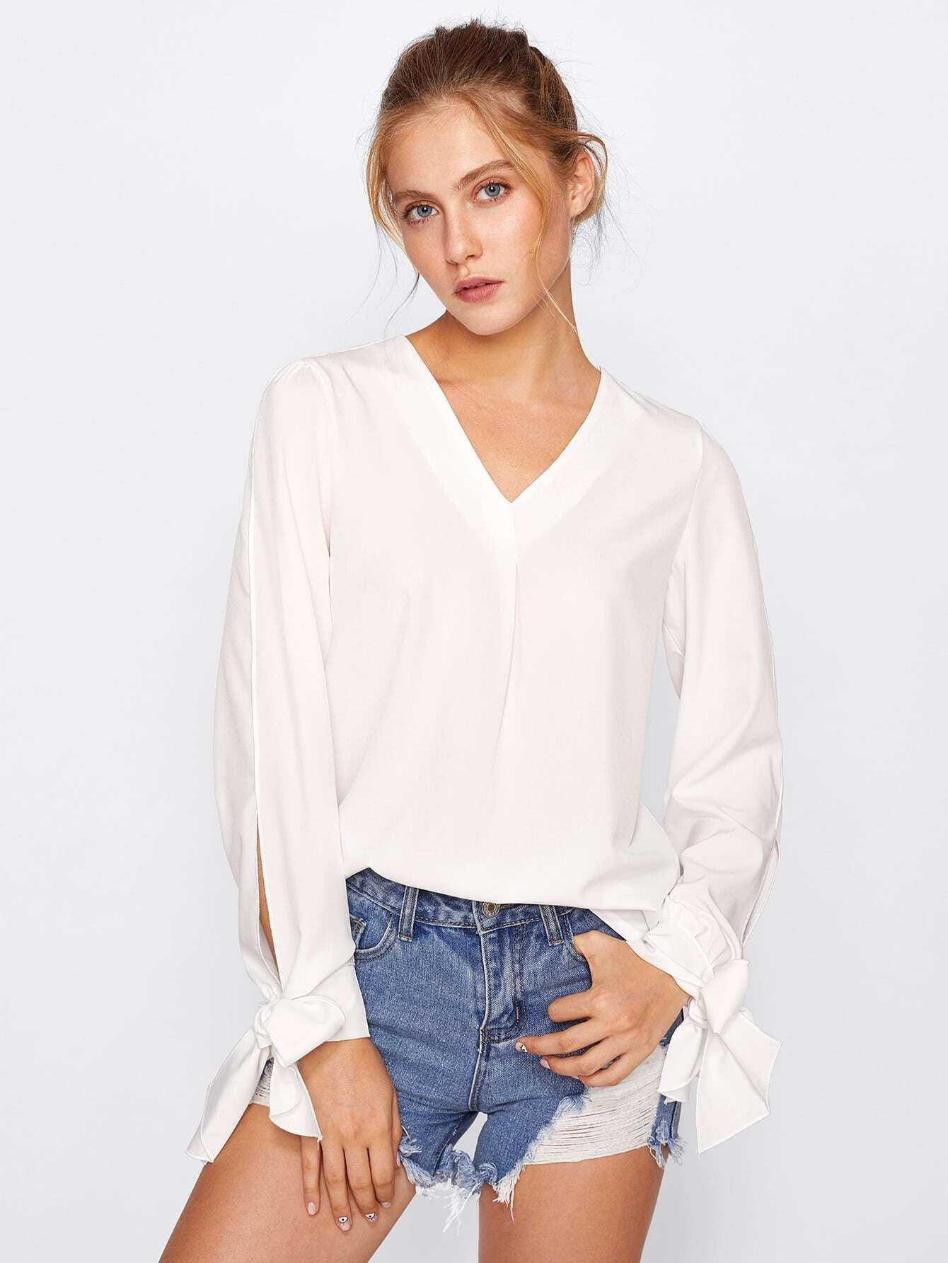 Bow Tie Cuff Fold Pleat Blouse | SHEIN