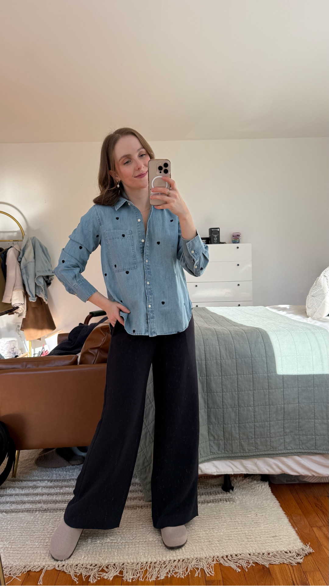 Embroidered denim top with little hearts for Valentine’s Day xs
Pull on elastic waist crepe pants that don’t wrinkle xs short Aritzia
Rothy’s slides size 6 (usually 6.5)

#LTKootd #LTKPetite #LTKSaleAlert