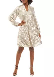 Crown & Ivy™ Women's Long Sleeve Sequin Tier Dress | Belk