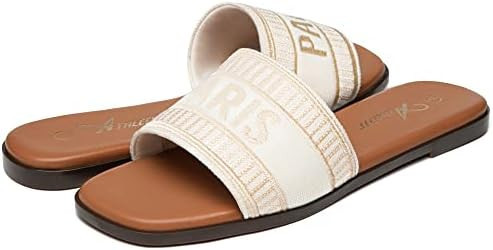 Athlefit Women's Slip On Flat Sandals Summer Embroidered Square Open Toe Slide Sandals | Amazon (US)