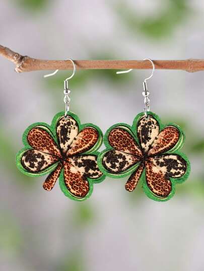 St. Patrick's Day Leopard Pattern Clover Decor Drop Earrings SKU: sj2212195442464172(44 Reviews)$... | SHEIN