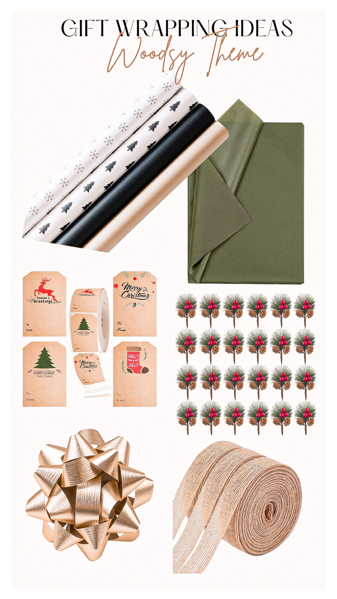 Gift Wrapping Idea 🎁
• Tree theme 🌲

Amazon finds , gift wrapping , Christmas decor , gift guide, wrapping paper, tissue paper, name tags, gift tags , berry topper, gift topper , bows, gift bows , twine , ribbon 

#LTKHoliday #LTKSeasonal #LTKGiftGuide