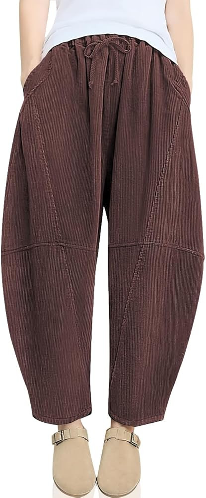 TARSE Womens Corduroy Harem Pants Casual Elastic Waist Wide Leg Pants Loose Fit Baggy Trousers wi... | Amazon (US)