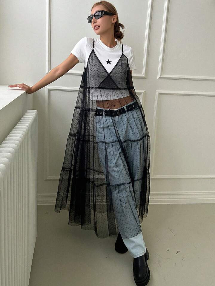 DAZY Solid Sheer Mesh Overlay Cami Dress Without Tee | SHEIN