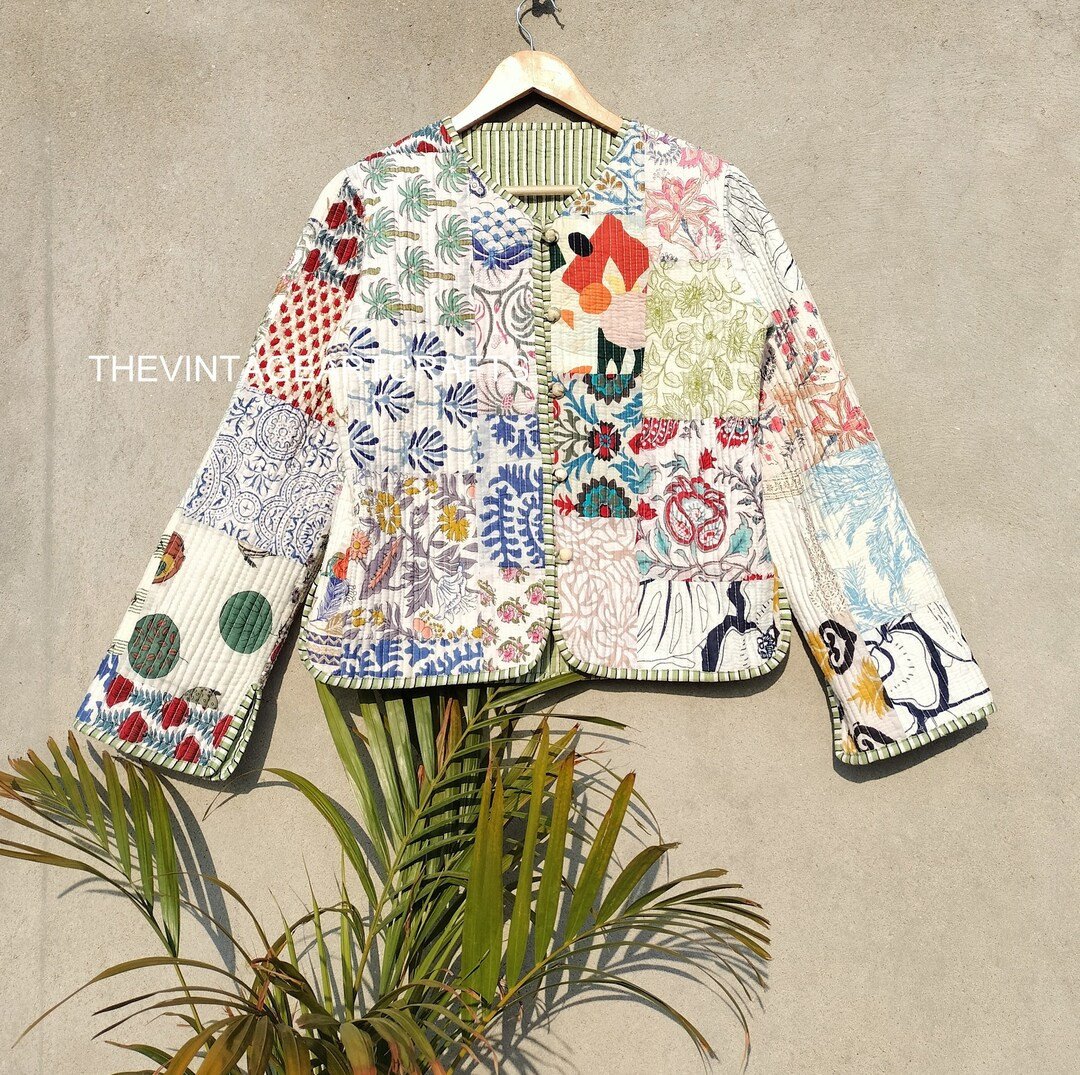 Cotton Quilted Jacket Women Wear Front Open Kimono Stripe piping HandMade Vintage Quilted Jacket ... | Etsy (US)