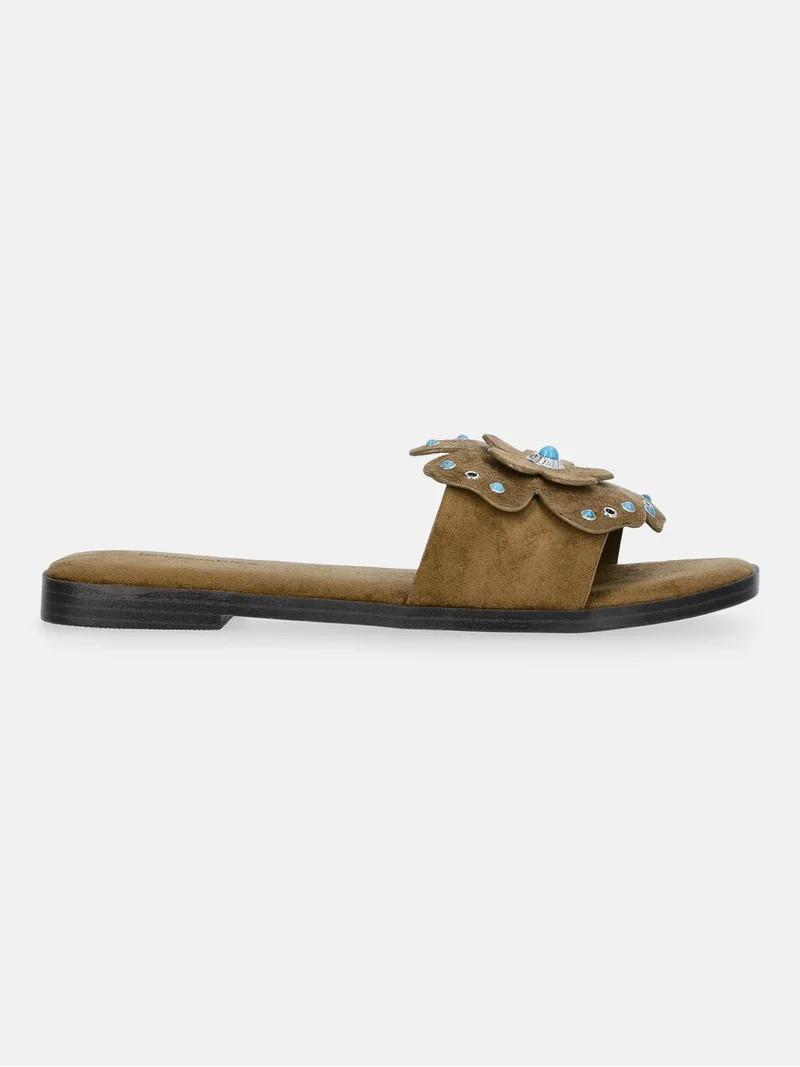 No Boundaries Studded Faux Suede Flower Slide Sandals, Women's - Walmart.com | Walmart (US)