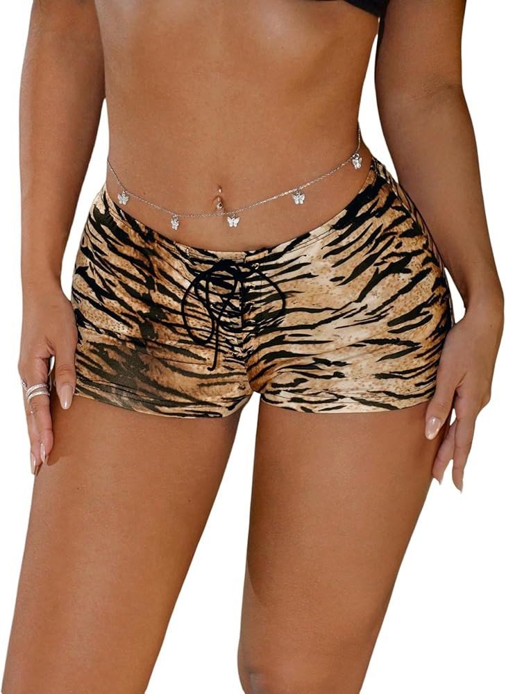 SHENHE Women's Cheetah Animal Print Compression Low Rise Sexy Y2k Shorts Lace Up Hot Pants Rave B... | Amazon (US)
