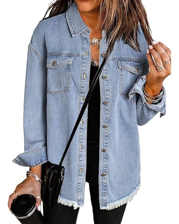 Vetinee Women’s Oversized Button Up Frayed Hem Shacket Long Sleeve Pockets Denim Jean Jacket | Amazon (US)