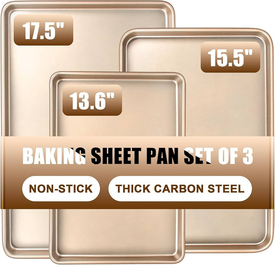 Baking Sheet Pan Set of 3, Commercial Cookie Sheets for Baking, Nonstick Half/Quarter/Jelly Roll ... | Amazon (US)