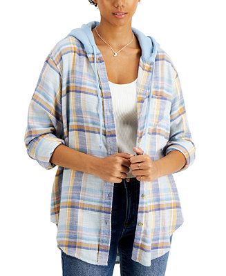 Just Polly Juniors' Hooded Plaid Shacket & Reviews - Tops - Juniors - Macy's | Macys (US)