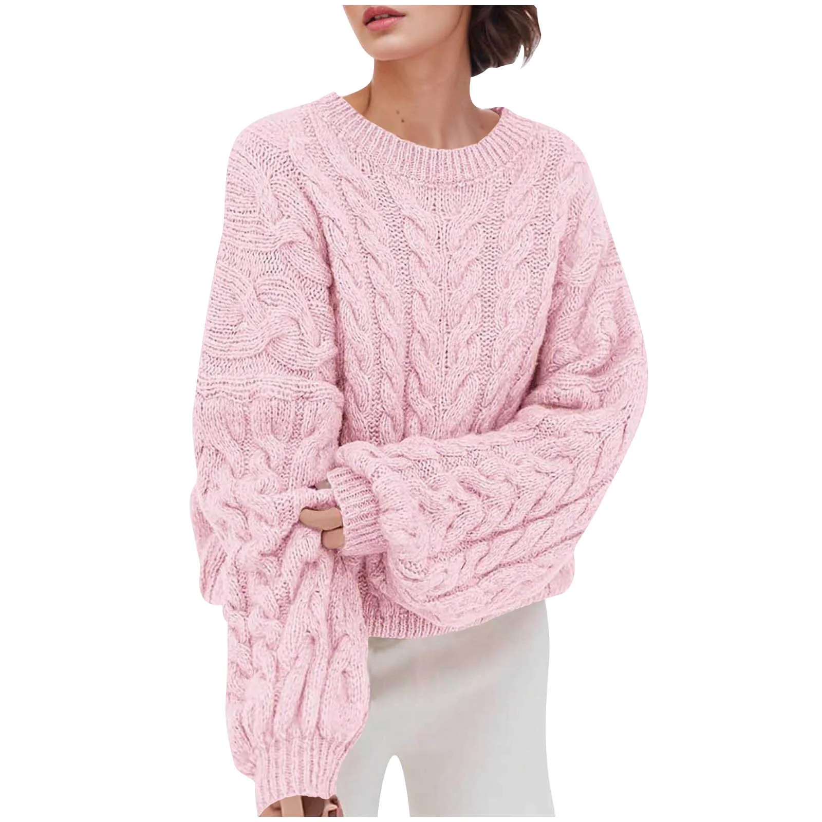 Eltusu Women Pullover Sweaters, Warm Long Sleeve Crew Neck Solid Color Winter Tops Pink Size S-XL | Walmart (US)