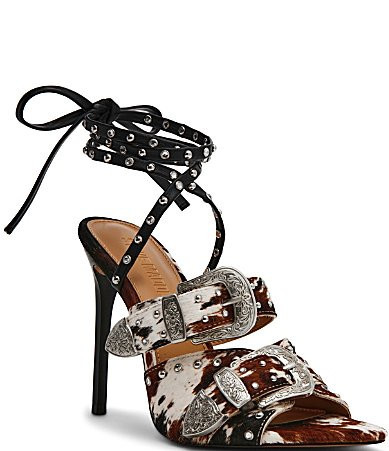 Steve Madden Saddle Cow Print Haircalf Studded Western Buckle Hardware Ankle Wrap Stiletto Dress Sandals - 9 | Dillard's
