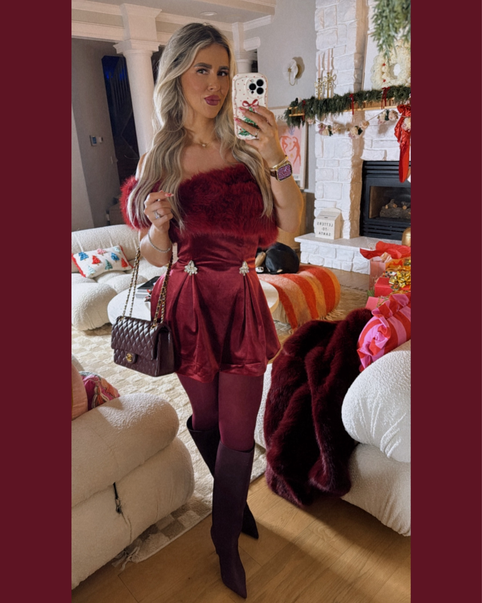 Perfect outfit for a fancy night out!Velvet dress comes with long velvet gloves for those cold nights, paired with maroon Chanel bag, knee high boots and a long faux fur coat with a hood. Dress in size small, but I could have gone with medium for more room in the bust area. 

#LTKootd #LTKHoliday #LTKSeasonal