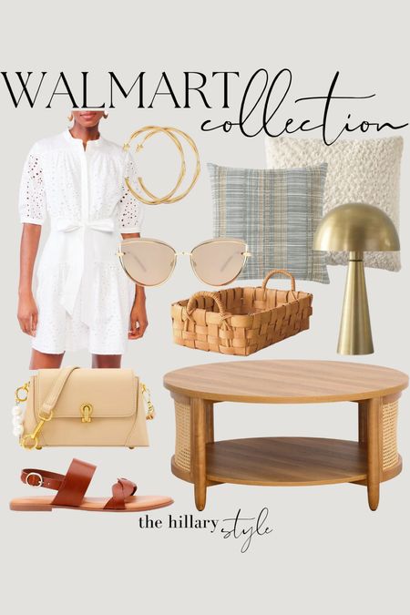 Walmart Collection: White Eyelet dress, round coffee table, wood coffee table, accent pillow, textured accent pillow, neutral accent pillow, gold hoops, gold earrings, sandals, neutral sandals, handbag, neutral handbag, woven basket, serving basket, gold lamp, gold sunglasses, cat eye sunglasses. Spring dress, summer dress, neutral home decor, spring outfit, spring home refresh 

#LTKstyletip #LTKhome #LTKFind