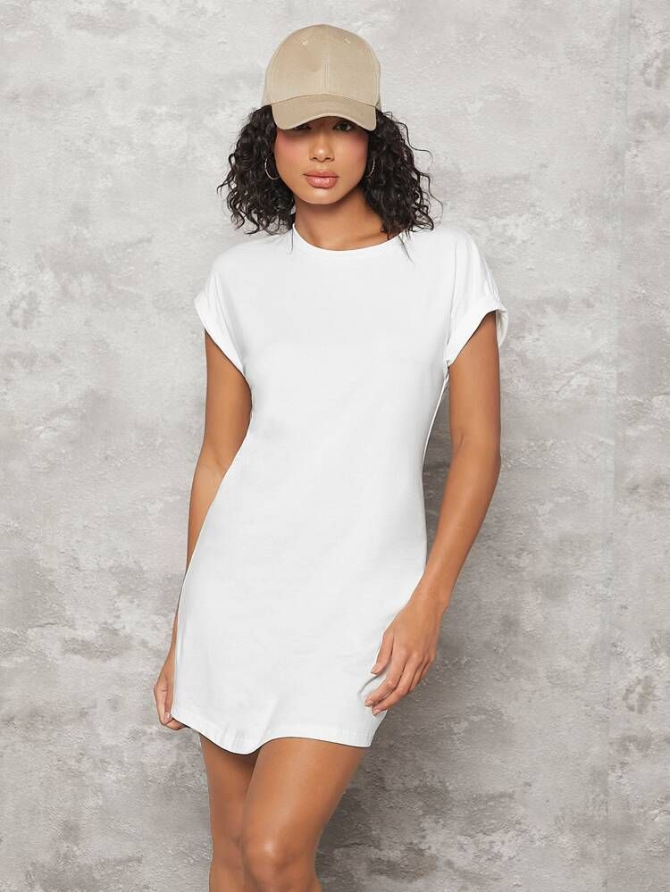 SHEIN BASICS Cotton Rolled Cuff Solid Tee Dress | SHEIN