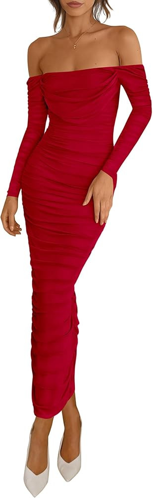 PRETTYGARDEN Womens 2026 Fall Long Sleeve Maxi Dress Off Shoulder Mesh Ruched Bodycon Trendy Long... | Amazon (US)