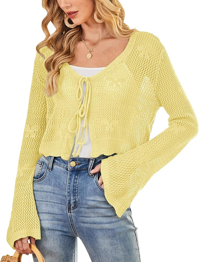Balimtoy Women Tie Front Hollow Out Knit Crop Top Bell Sleeve V Neck Knotted Crochet Cardigan Boh... | Amazon (US)