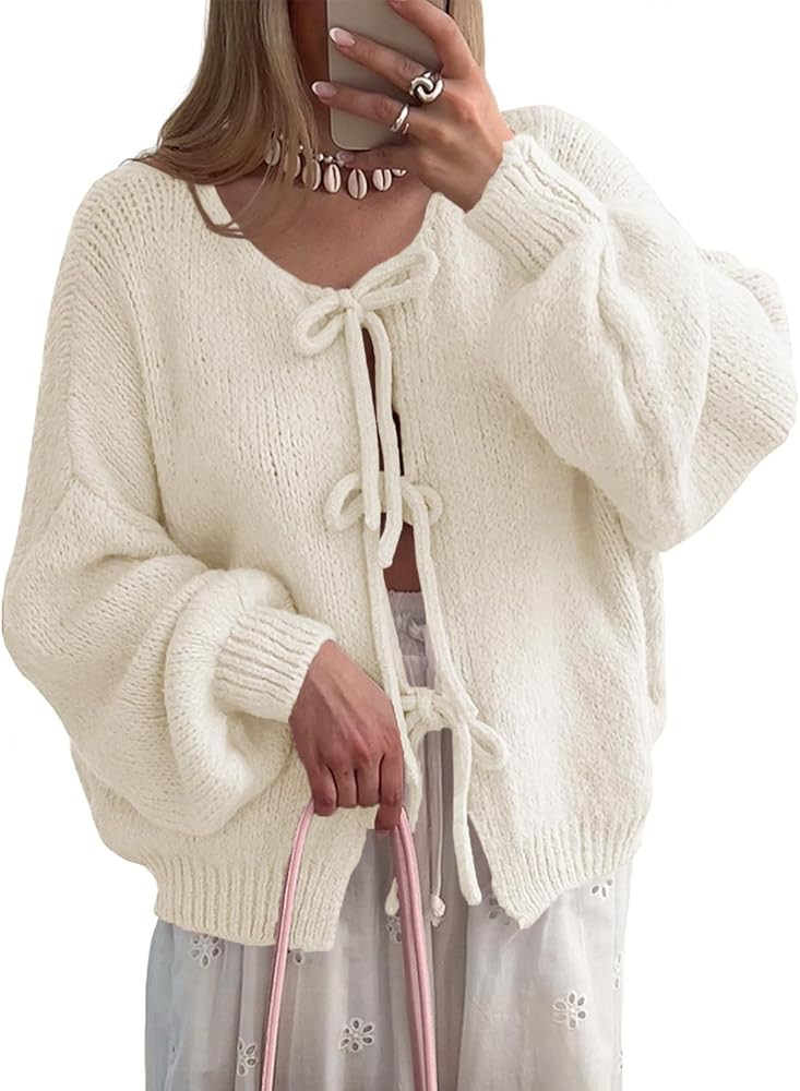 UNCLECAT Womens Tie Front Cardigan Sweaters Fall Puff Long Sleeve Open Front Cardigans Cute Bow L... | Amazon (US)