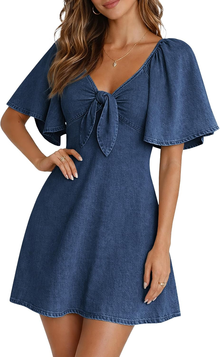 Womens Denim Dress Tie Front Neck Flutter Sleeve Jean Western Dress | Amazon (US)