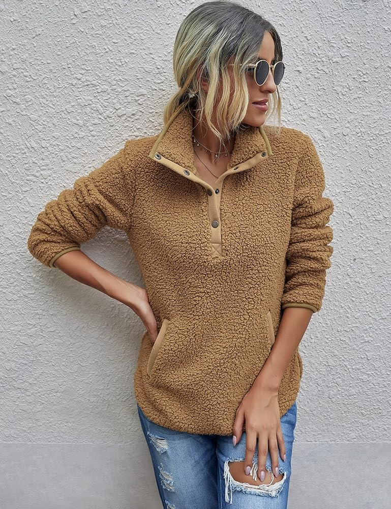 AKEWEI Women Faux Fleece Sweatshirt Fuzzy Button Pullover Coat with Pocket | Amazon (US)
