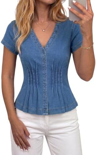 Denim Tops for Women Stretch Jean Peplum Shirt Trendy | V-Neck，short sleeve，button down ，ve... | Amazon (US)