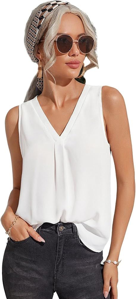 SheIn Women's Sleeveless Pleated V Neck Casual Tank Tops Work Blouse Shirts | Amazon (US)