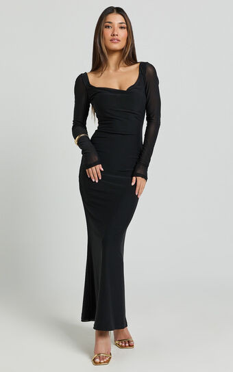 Stephie Maxi Dress - Cowl Neck Low Back Mesh Dress in Black | Showpo (US, UK & Europe)