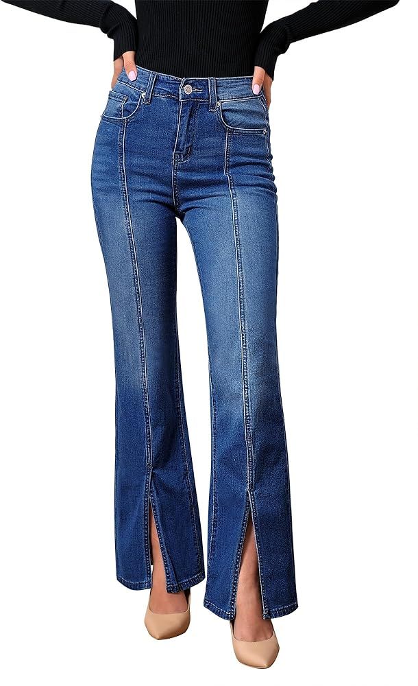 GRAPENT 2023 Womens Flare Jeans High Waisted Wide Leg Baggy Jean for Women Split Hem Stretch Deni... | Amazon (US)
