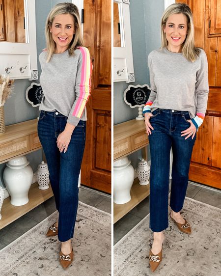 Stripes on the sleeves or the cuffs? Or both? This lightweight sweater comes in two options, and it’s hard for me to choose which one I like better! They run true to size (wearing a small) and either option takes a basic neutral sweater to another level with the bright pop of color on the sleeves! Wearing the same dark wash denim jeans (TTS and stretchy) and rich tan mules with both options. Now all I need is a touch of sweater weather!

#thml #sweaters #everydaybasics #falloutfit #casualoutfit #everydaystyle #fashionover40 #fashionover50 #realoutfits #shopavara 

#LTKover40 #LTKSeasonal #LTKshoecrush