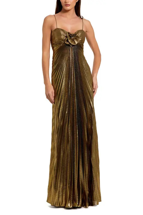 Mac Duggal Thin Strap Pleated Metallic Gown With 3D Flower in Antique Gold at Nordstrom, Size 6 | Nordstrom