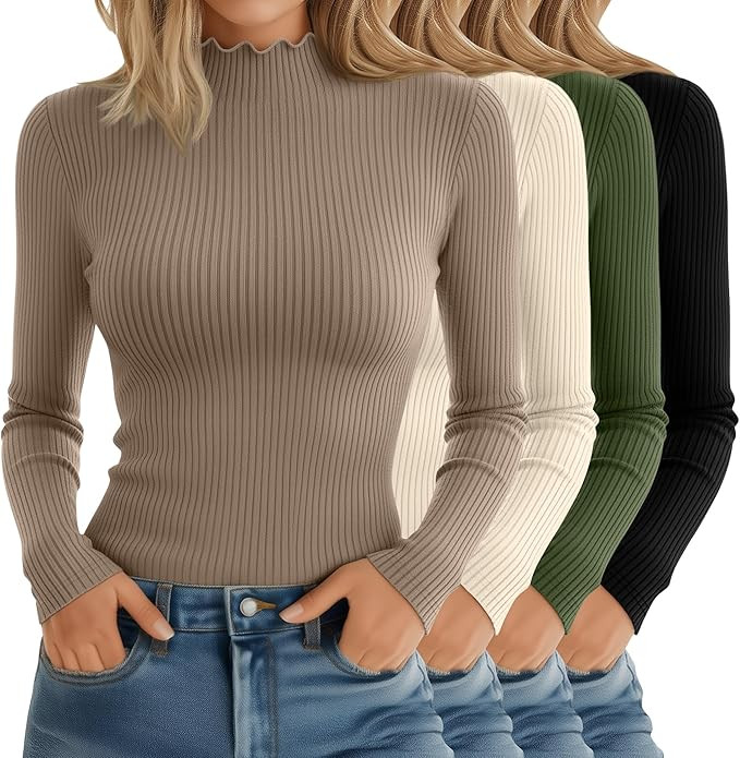 Riyiper 4 Pack Cotton Women's Mock Turtleneck Long Sleeve Tops Ribbed Lettuce Trim Slim Fit Basic... | Amazon (US)