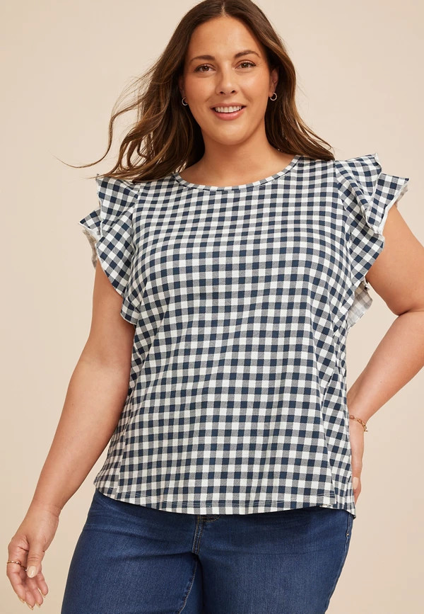 Plus Size 24/7 Gingham Double Flutter Sleeve Tee | Maurices