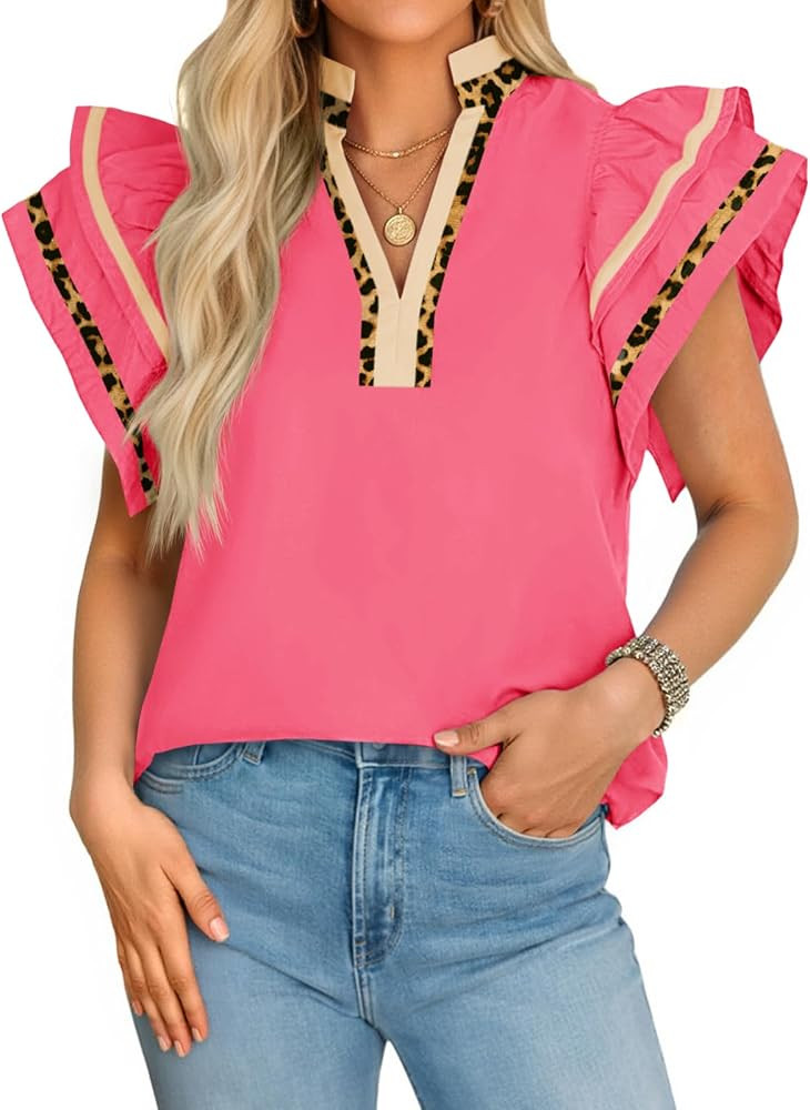 Cicy Bell Womens Ruffle Cap Sleeve Tops Color Block V Neck Dressy Casual Blouses Summer Pleated L... | Amazon (US)