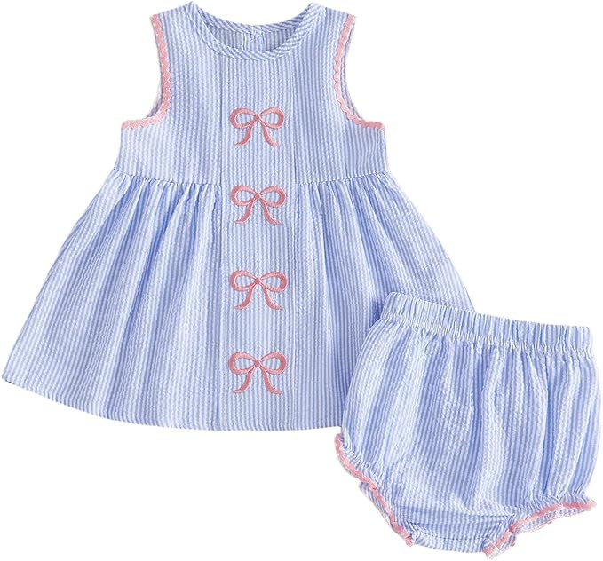 Amazon.com: PUHHAPIEY Toddler Baby Girl Summer Outfit Clothes Bow Embroidery Striped Sleeveless T... | Amazon (US)