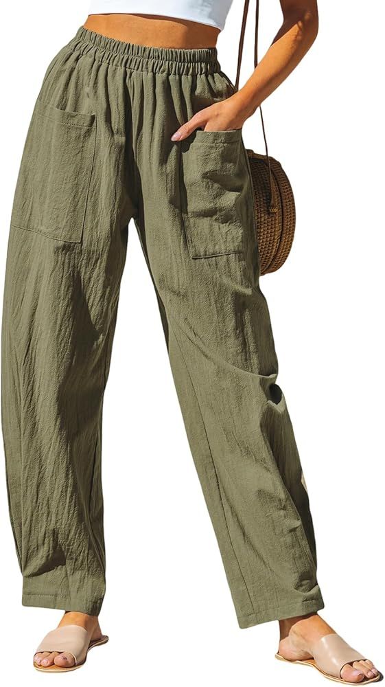 CUPSHE Women Pants Patch Pocket Tapered Leg Elastic Waist Long Pant Casual Beach | Amazon (US)