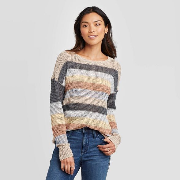 Women's Striped Crewneck Pullover Sweater - Knox Rose™ Oatmeal | Target