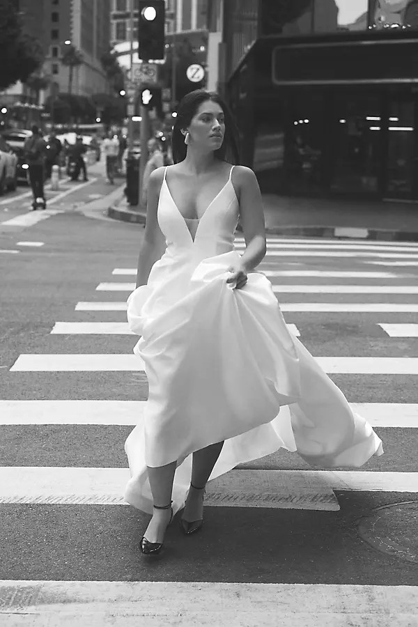 Jenny Yoo Tamson Satin Plunge Cutout A-Line Wedding Gown By Jenny Yoo in White Size Us 24/uk 28 | Anthropologie (US)