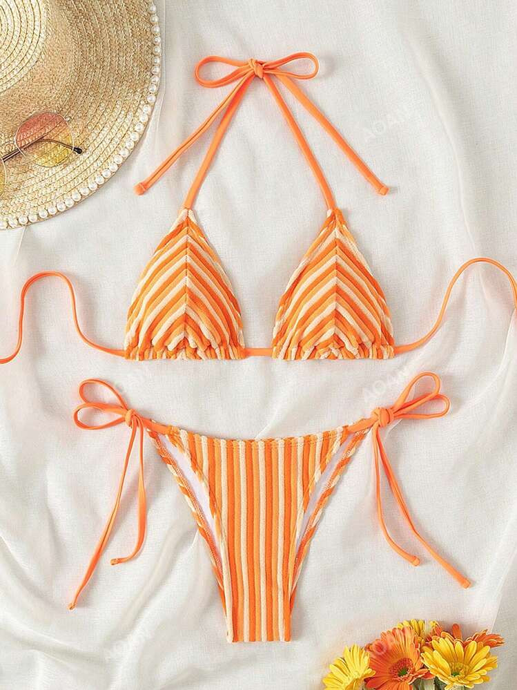 New Arrival Towel Fabric Striped Halter Backless Cute Halter Bikini Summer Beach Bathing Suit | SHEIN