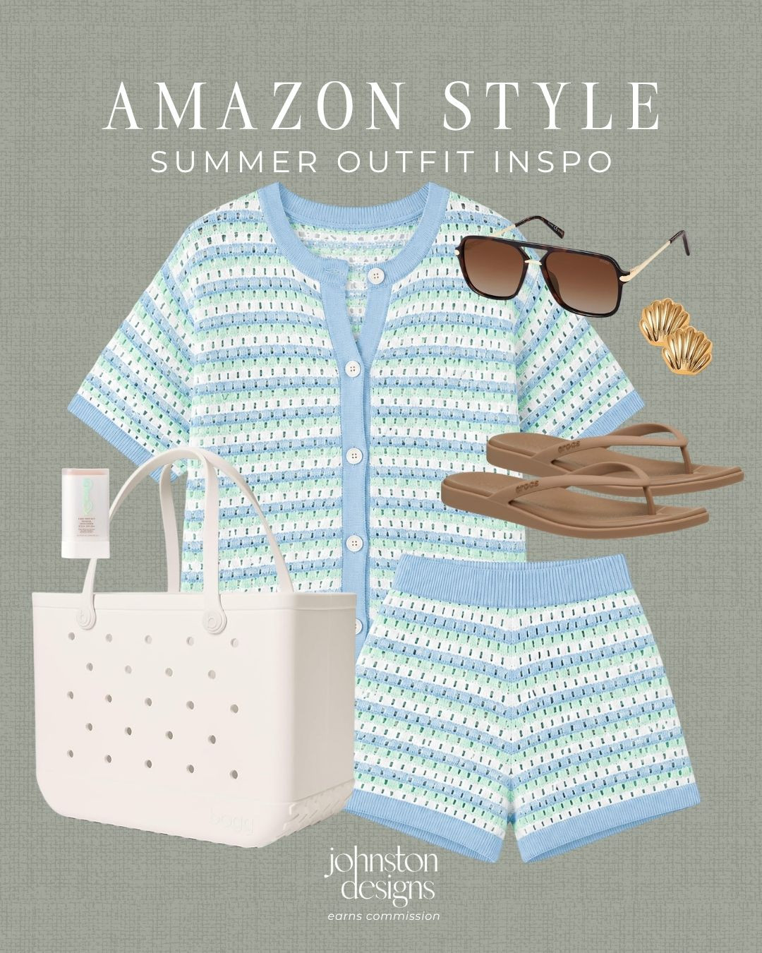 Amazon summer outfit inspo with a breezy striped matching set, neutral sandals and easy pool day accessories. ☀️

Amazon summer outfit, striped matching set, crochet shorts set, button front top, summer two piece set, white beach tote, neutral flip flops, oversized sunglasses, gold shell earrings, sunscreen stick, casual summer style, pool day outfit, vacation outfit inspo, affordable Amazon fashion, warm weather look 

 #LTKootd #LTKSwim #LTKTravel