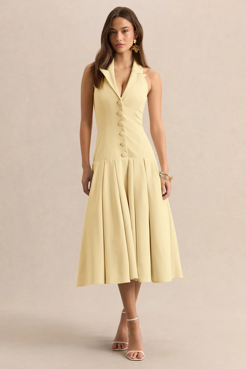 Elise  Lemon Plunge-Neck Midi Dress With Drop-Waist | Club L London