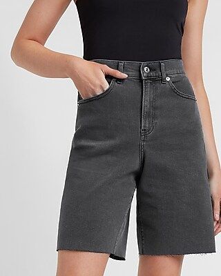 Super High Waisted Black Raw Hem Bermuda Jean Shorts | Express