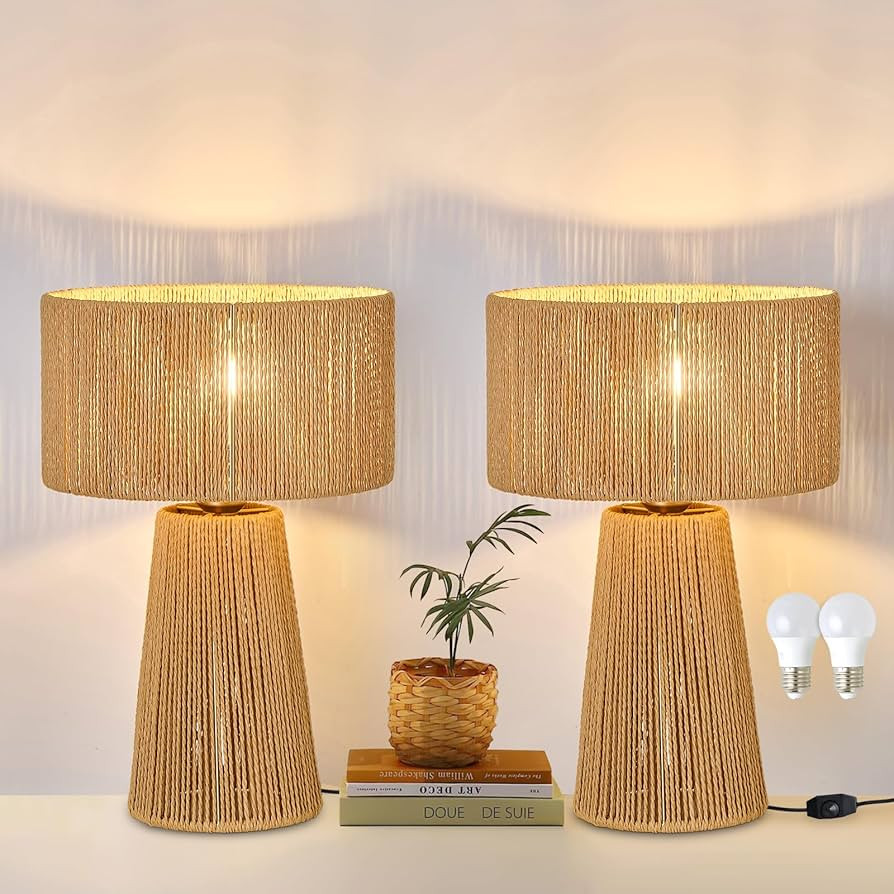 YYJLX Boho Table Lamp Set of 2 Large Rattan Gold Nightstand Lamp with Dimmer Switch Farmhouse Bed... | Amazon (US)