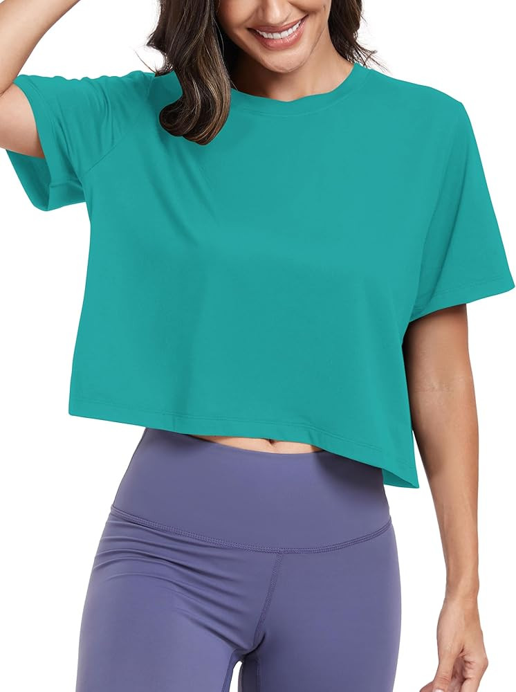 KevaMolly Workout Crop Tops for Women Loose Fit UPF50+ Breathable Yoga T Shirts Running Athletic ... | Amazon (US)