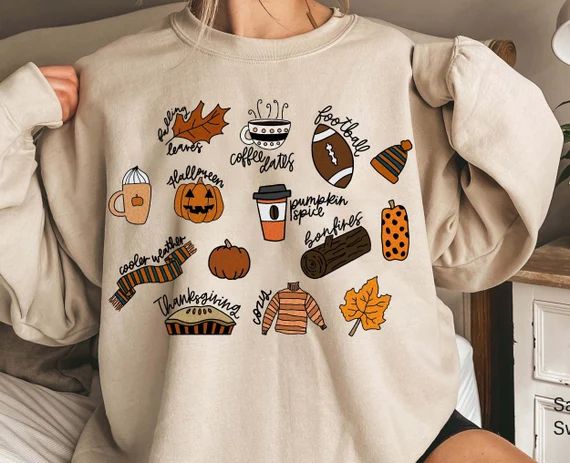 Cozy Autumn Sweatshirt, warm fall Sweatshirt. Pumpkin food leaves pie coffee rainbow Sweatshirt, ... | Etsy (US)