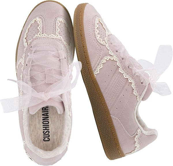 CUSHIONAIRE Belinda Lace Detail Casual Sneakers for Girls \u2013 Ribbon Lace-Up Girls Shoes with ... | Amazon (US)