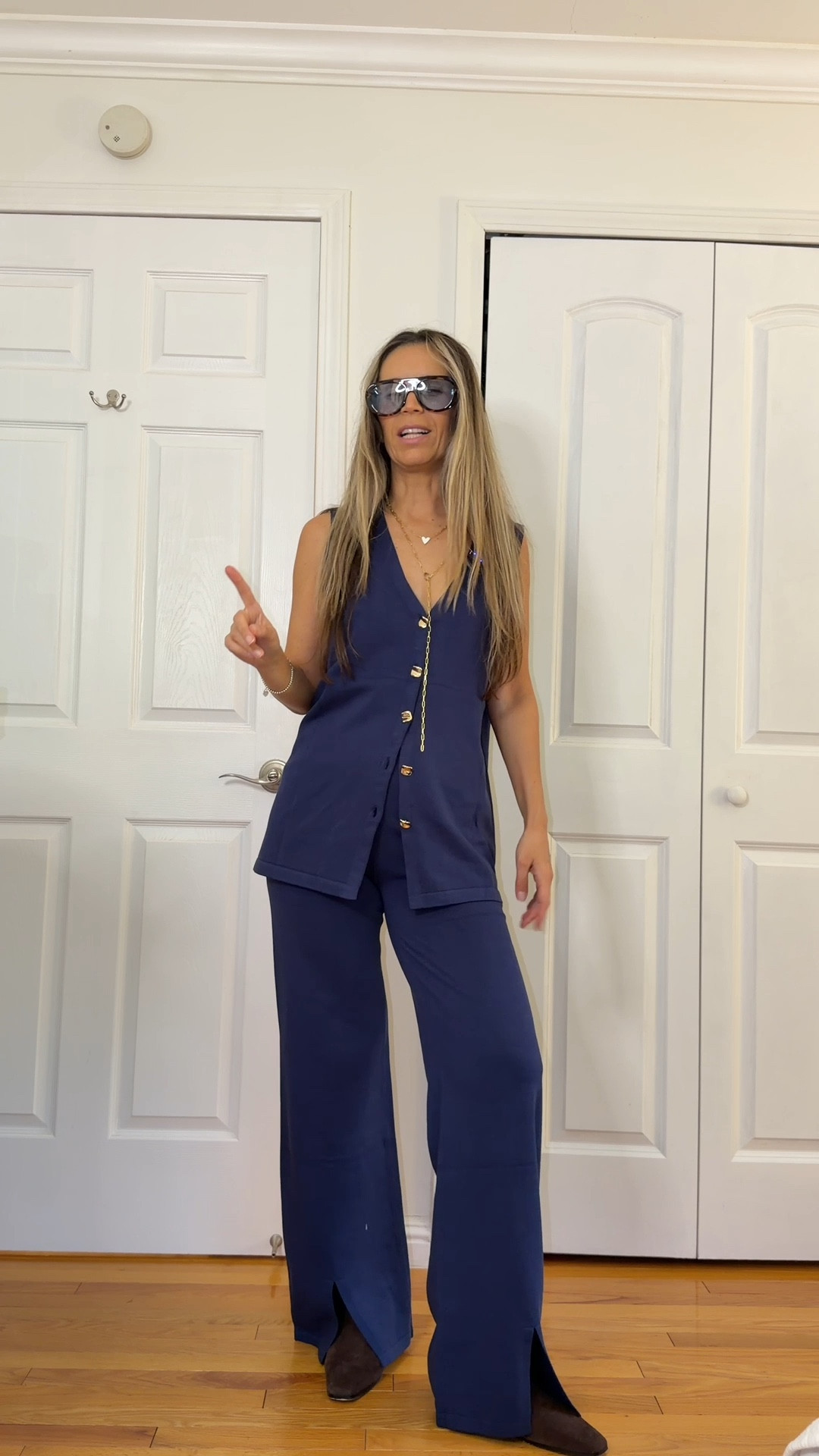 Wearing sz S in navy set. True to size 
Use my discount code justglow011_12 for 12% off

Brown suede booties are very comfy and true to size

Sunglasses designer inspired Amazon - so good with blue lenses
Use my code JUSTGLOWVL 15% off.

Perfect fall outfit for midlife working women 🤎🍂

#LTKOver40 #LTKWorkwear #LTKSeasonal