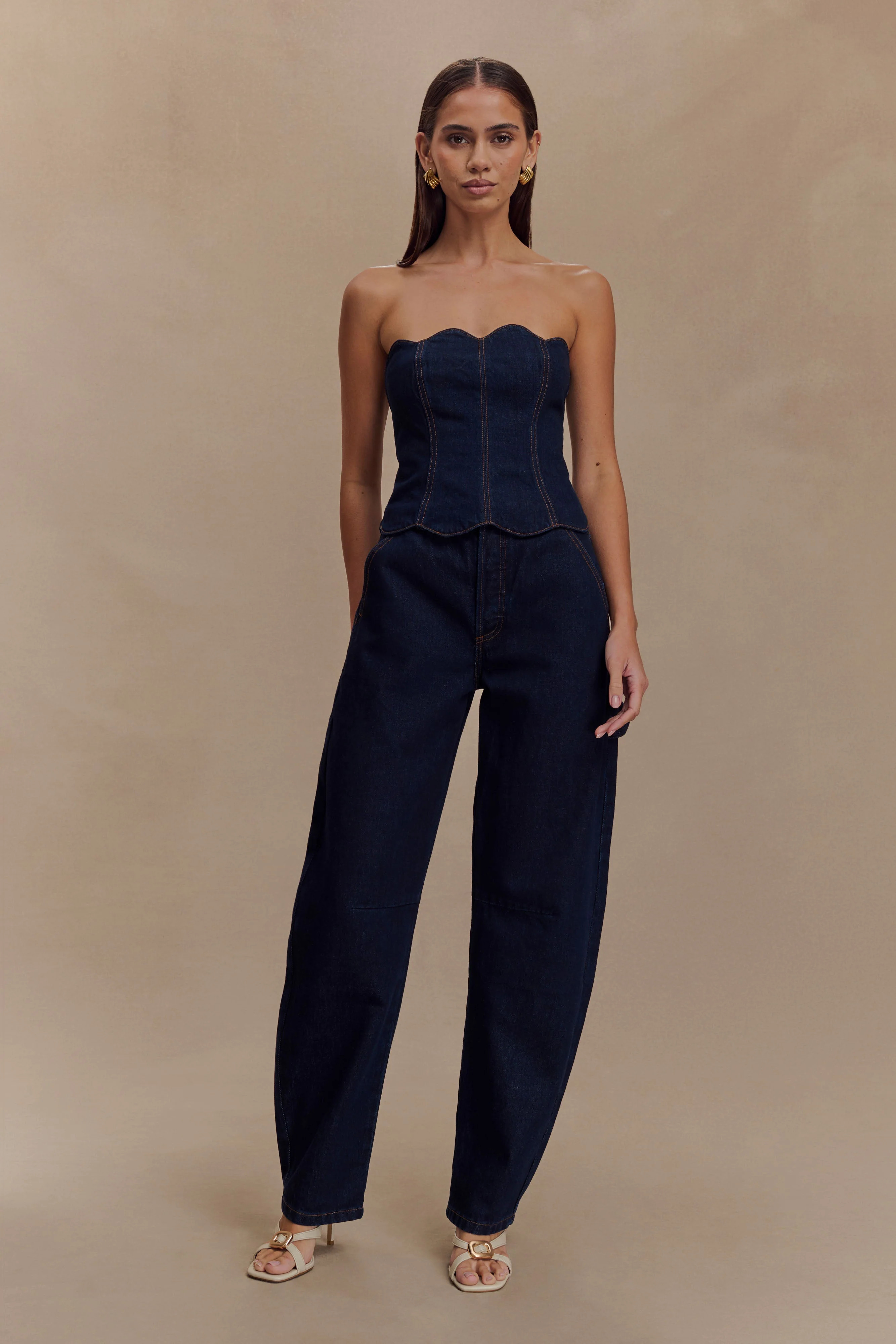 Strapless Scallop Denim Top - Indigo Blue | MESHKI US